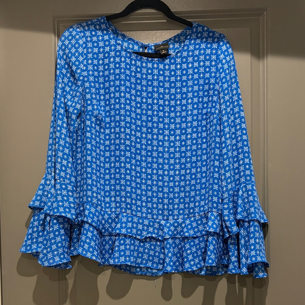 Worthington Blue Printed Ruffle-Hem Blouse